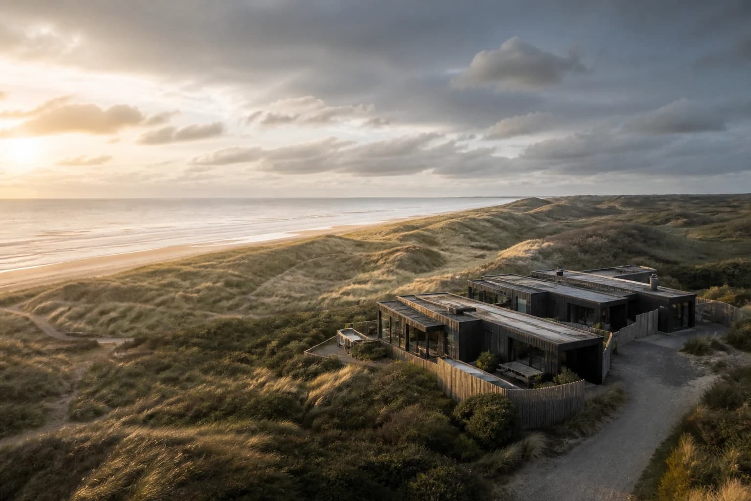 Cinematisch luchtbeeld van een kustlandschap met moderne architectuur.