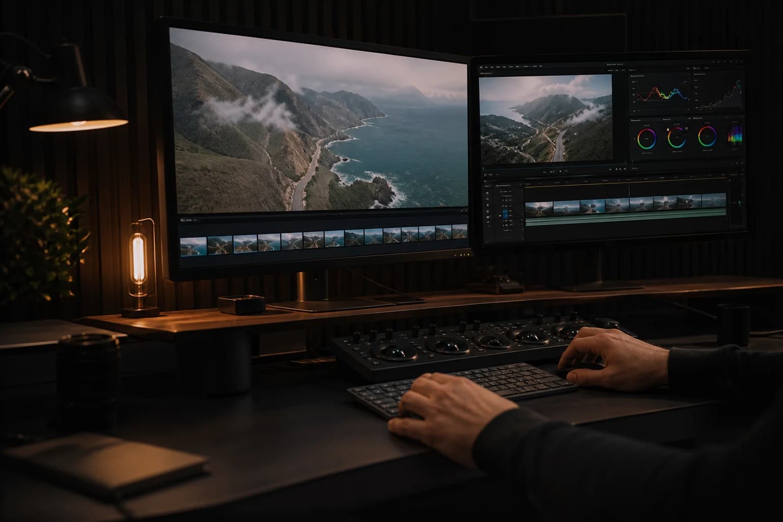 Cinematische sfeer van videomontage en kleurcorrectie voor professionele nabewerking.
